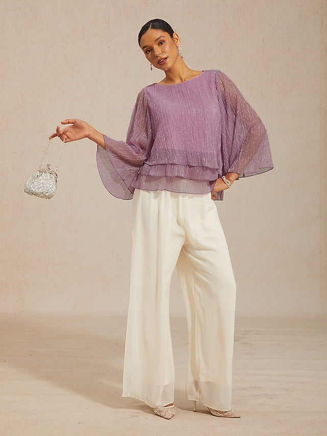 Women's Blouse Chiffon Tops Pleated Layered Metallic