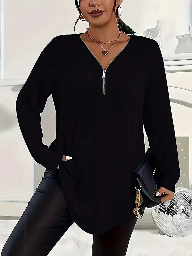 Women's T Shirt Zipper Solid Color Fashion Casual Long