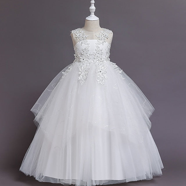 Kids A Floral Line Colored Girls' Solid Dress