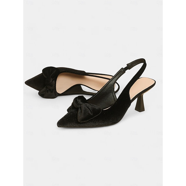 Velvet Pointed Toe Women's with Bow Slingback Heels Blue
