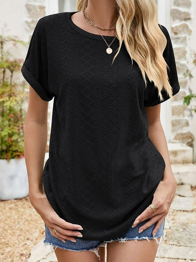 Women's Texture Blouse Eyelet Top Pointelle Tee Tunic