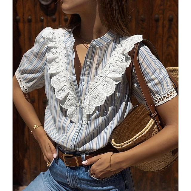 Women's Summer Shirt Button Up Shirt Blouse Lace Ruffle
