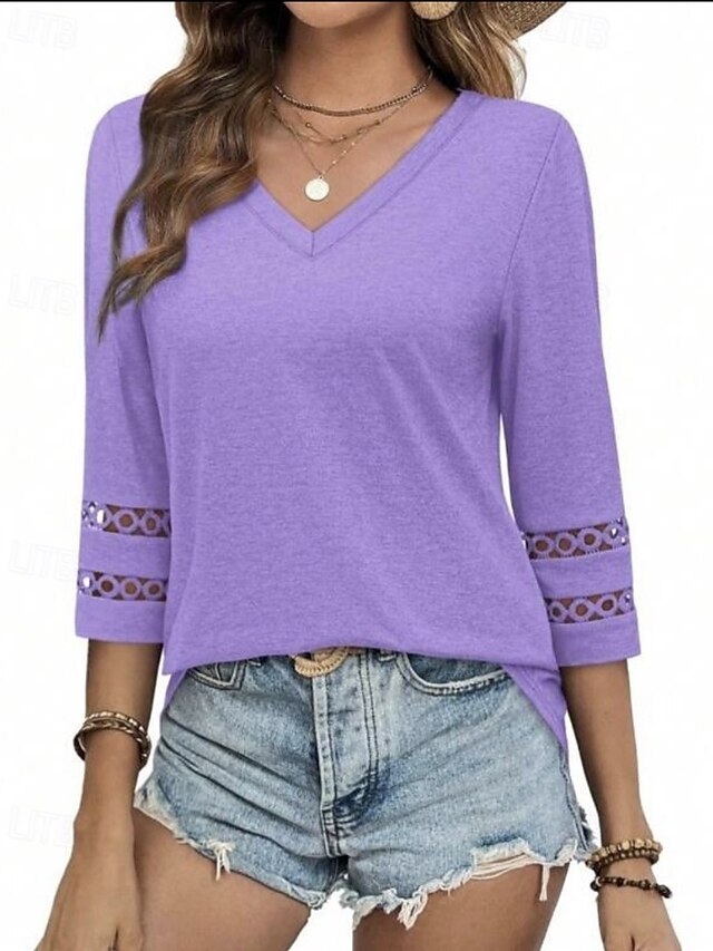 Women's T Shirt Eyelet Plain Casual Long Sleeve V Neck