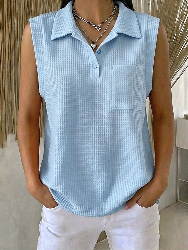 Women's Waffle Tank Top Polo Shirts Tee Pocket Stylish