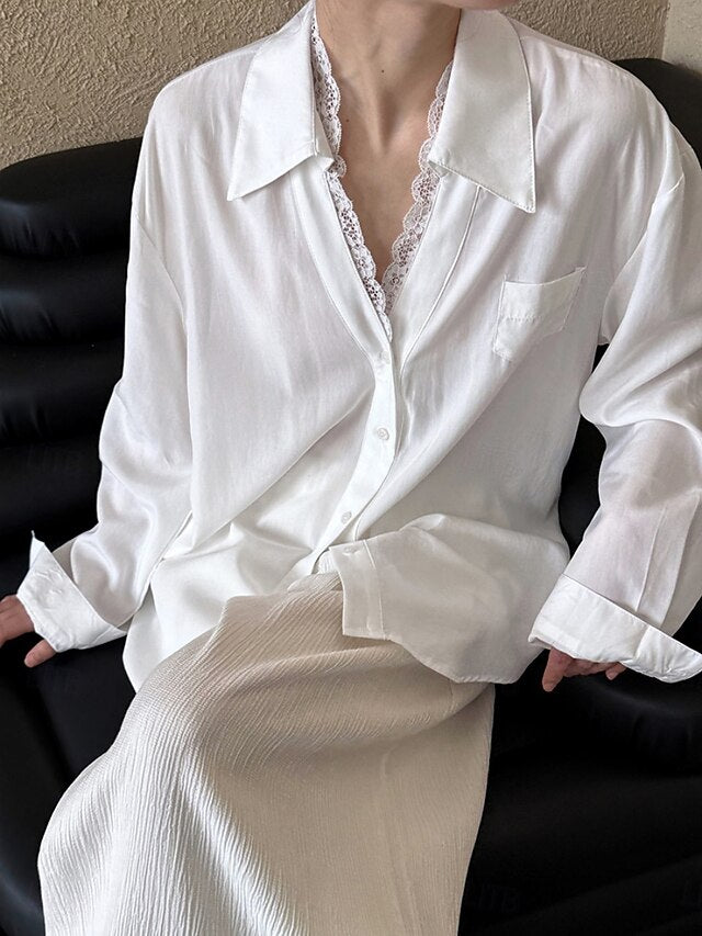 Women's Casual Shirt Button Up Shirt Blouse Lace Patchwork