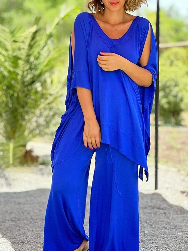 Women's Pants Sets 3/4 Length Sleeve V Neck Solid Color