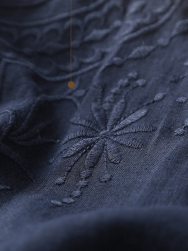 Women's Cotton Linen Blouse Embroidered Buttons Solid Color