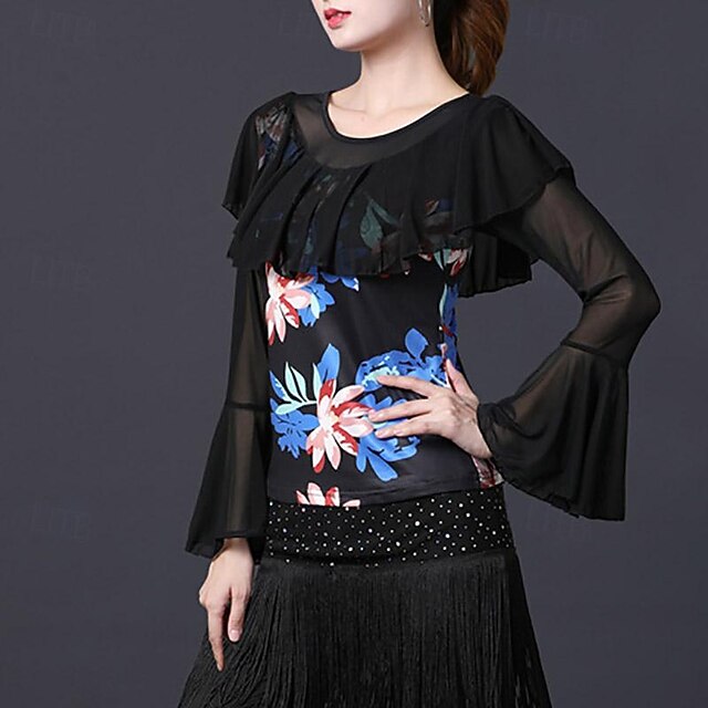 Latin Dance Ballroom Dance Top Printing Ruffles Splicing