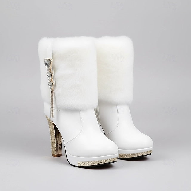 Ankle Women's White Fur with Heels Rhinestone Faux - Boots