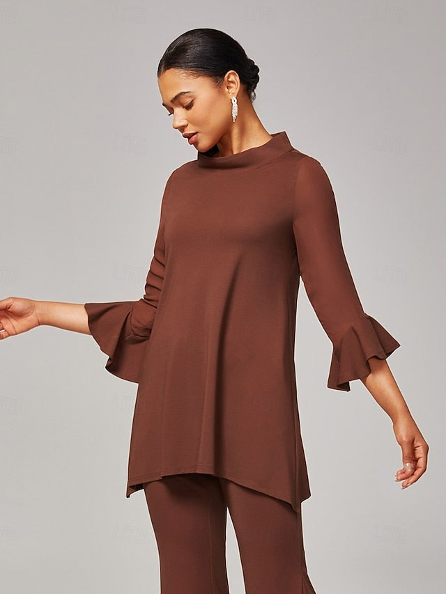 Women's Blouse Coffee Brown Chiffon Modal Slim Fit Sheer