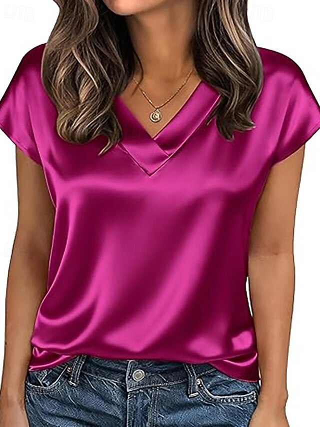 Women's Satin Shirt Blouse Patchwork Plain Elegant Vintage