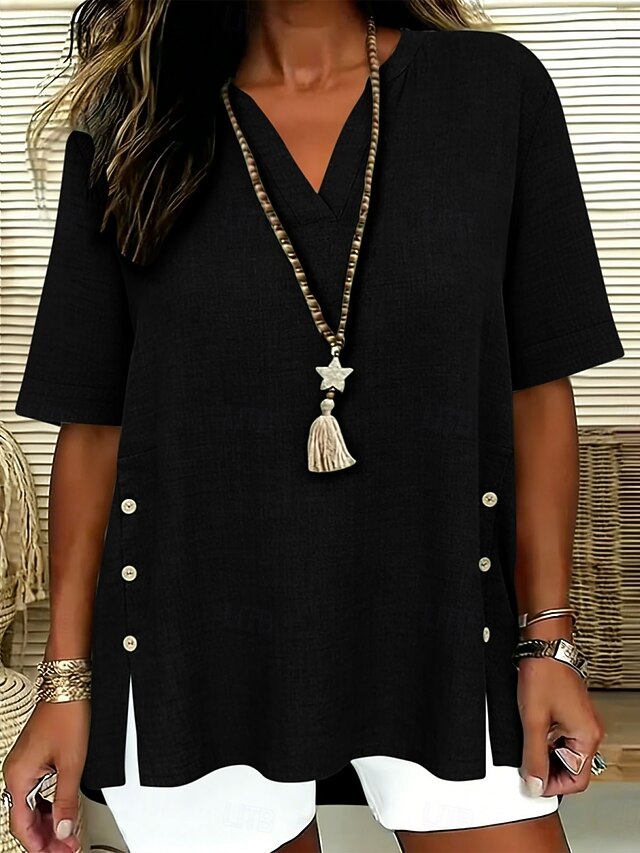 Women's Blouse Faux Linen Shirt Buttons Solid Color Daily