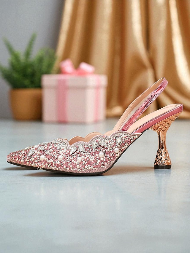 Toe Party - Rhinestone Heels Pointed Women's Slingback Pink
