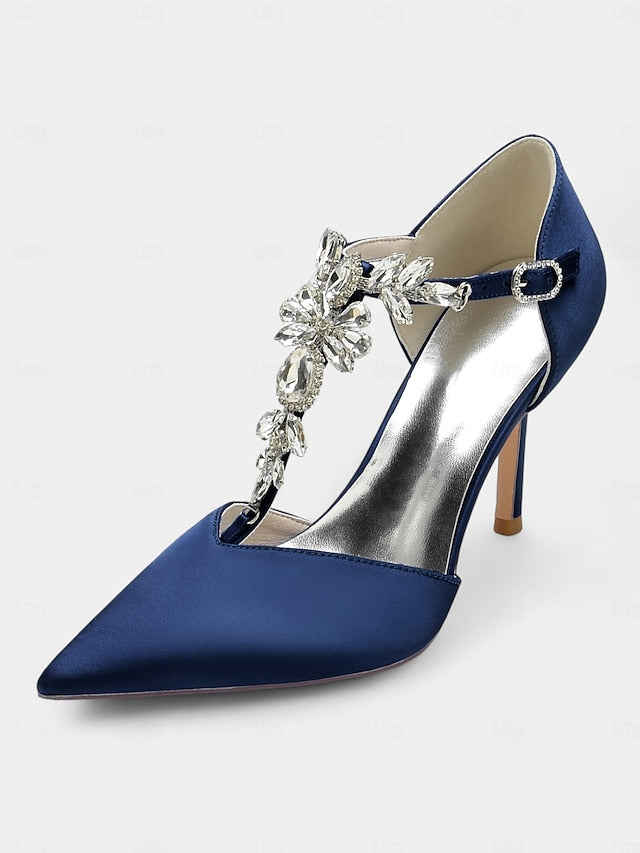 Women's Navy Toe – Pointed Blue T-Strap Satin Heels