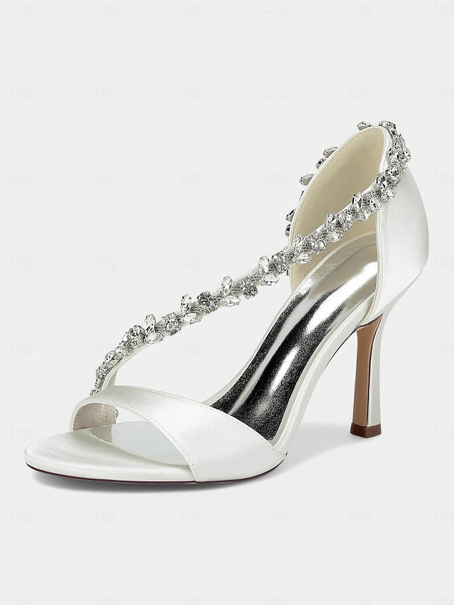 – Satin Champagne Crystal High Women's Heels T-Strap with