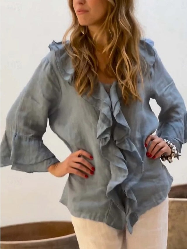 Women's Summer Shirt Casual Shirt Blouse Ruffle Solid Color