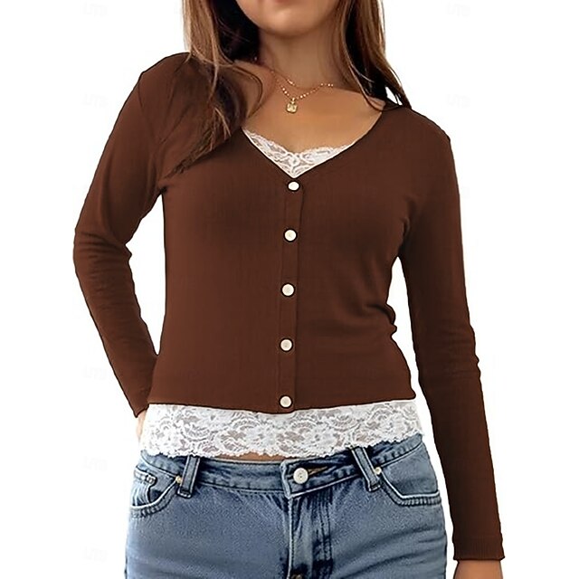 Women's Blouse Lace Patchwork Buttons Solid Color Elegant