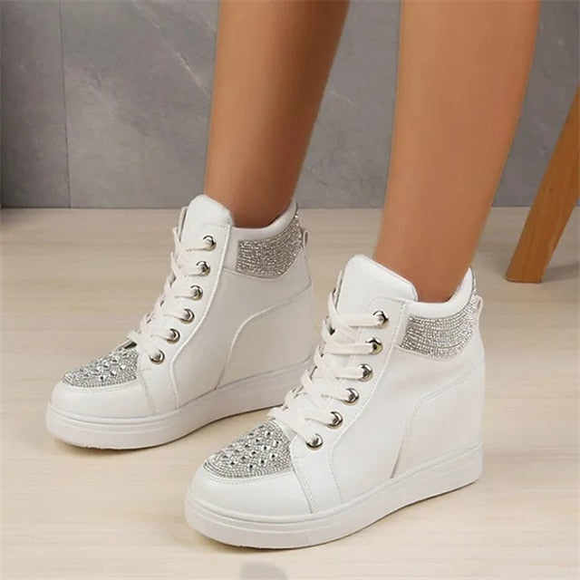 Women's White Rhinestone Wedge Sneakers – Faux Leather