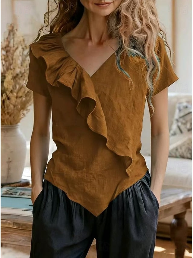 Women's Summer Shirt Casual Shirt Blouse Ruffle Solid Color
