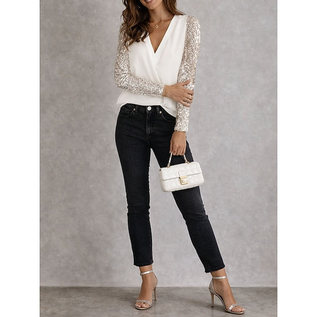 Women's T Shirt Sequins Patchwork Solid Color Elegant