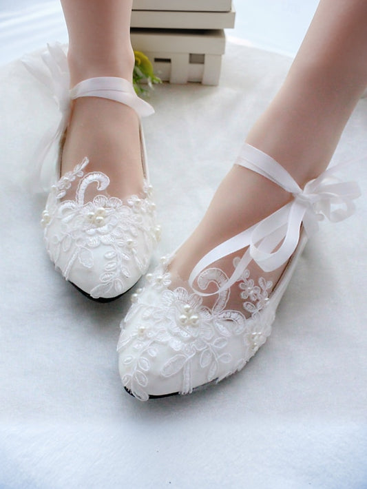 Lace with Wedding Ties Bridal White - Shoes Flats Elegant Ribbon