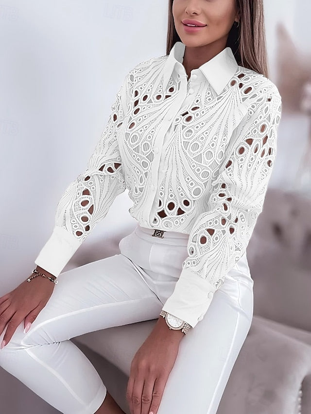 Women's Blouse Hole Hollow Solid / Plain Color Elegant Lace