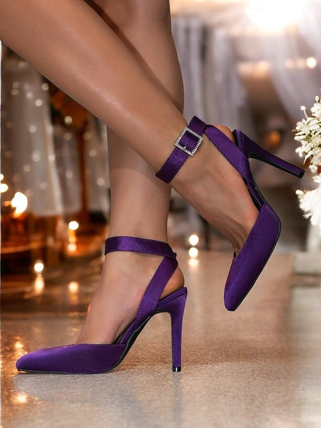 Pointed Women's Purple – Toe Satin Ankle Strap Heels