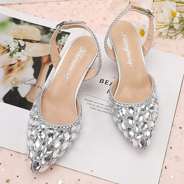 Pointed-Toe Rhinestone High Heels Women's Crystal Slingback