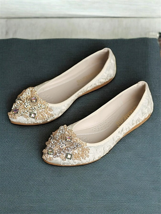 Flats Ballet with Foldable Women's Beaded Embroidered