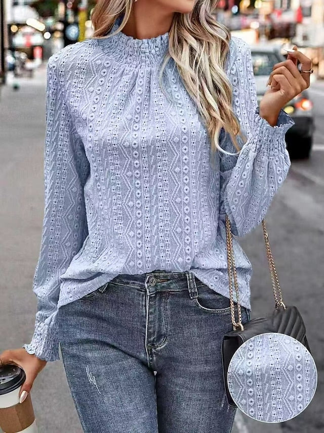 Women's Popover Shirt Casual Shirt Blouse Eyelet Solid
