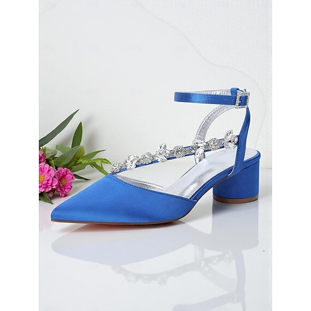 Heel Women's Purple Pumps Satin with Block Rhinestone