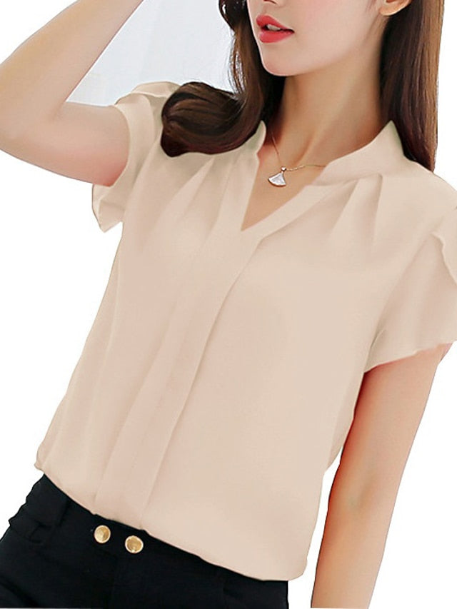 Women's Shirt Blouse White Pink Red Plain Short Sleeve Work
