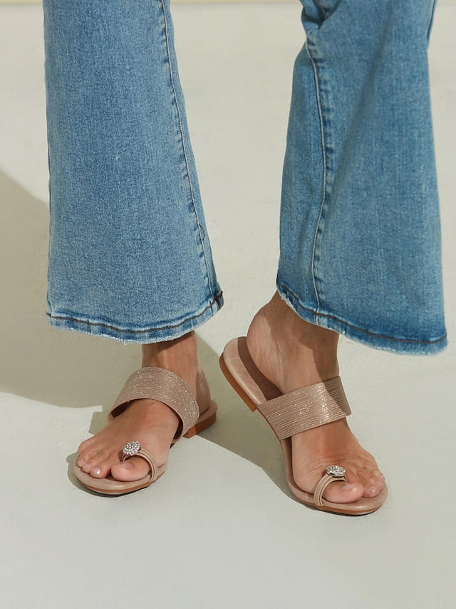 Heel with Rhinestone Women's Champagne Sandals Slip-On Flat