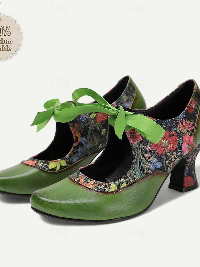 Floral Women's Green Jane Leather with Mary Print Heels