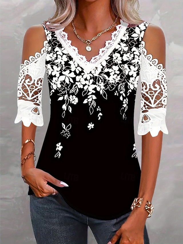 Women's Lace Splicing Top Blouse Lace Print Floral Stylish