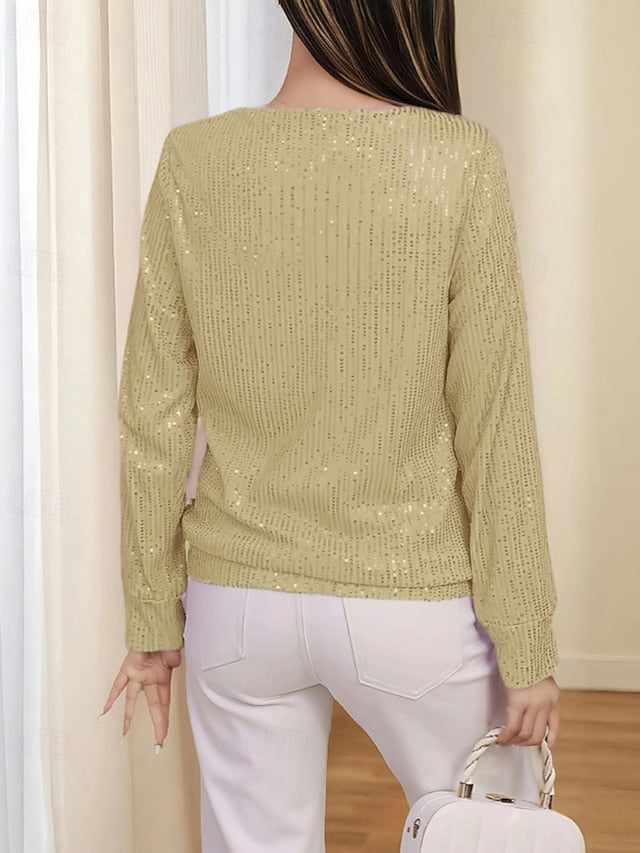 Women's T Shirt Tee Top Sequins Quarter Zip Plain Fashion