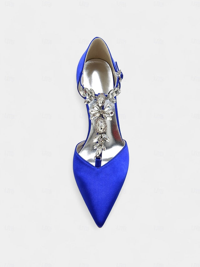 Toe Pointed T-Strap Heels Navy Women's Blue – Satin