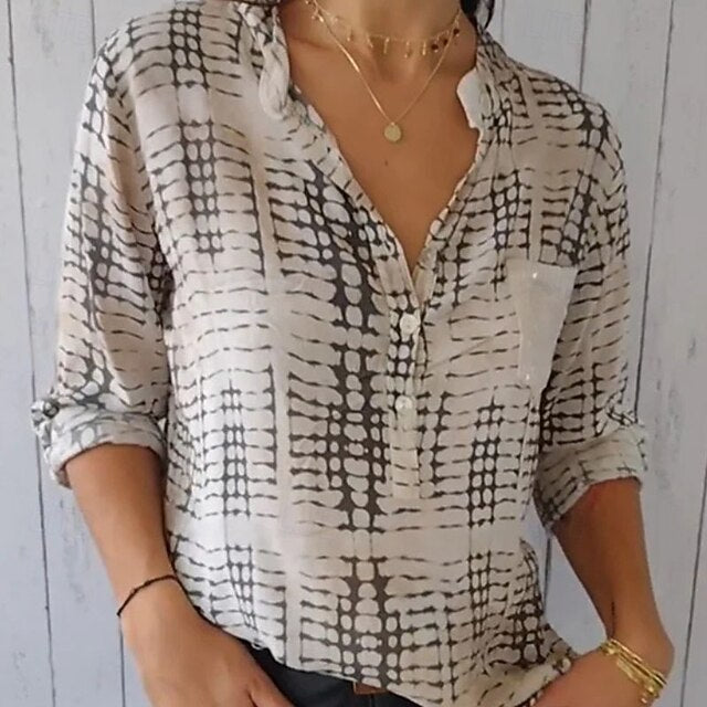 Women's Blouse Dressy Tops Ruched Patchwork Pocket Plaid