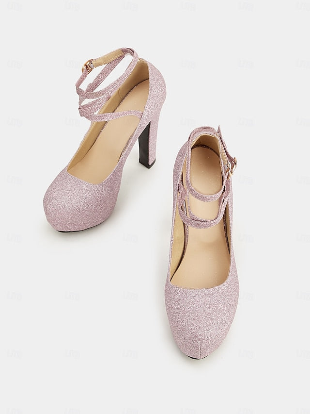 Women's Platform Strap Pink Glitter – with Ankle Heels
