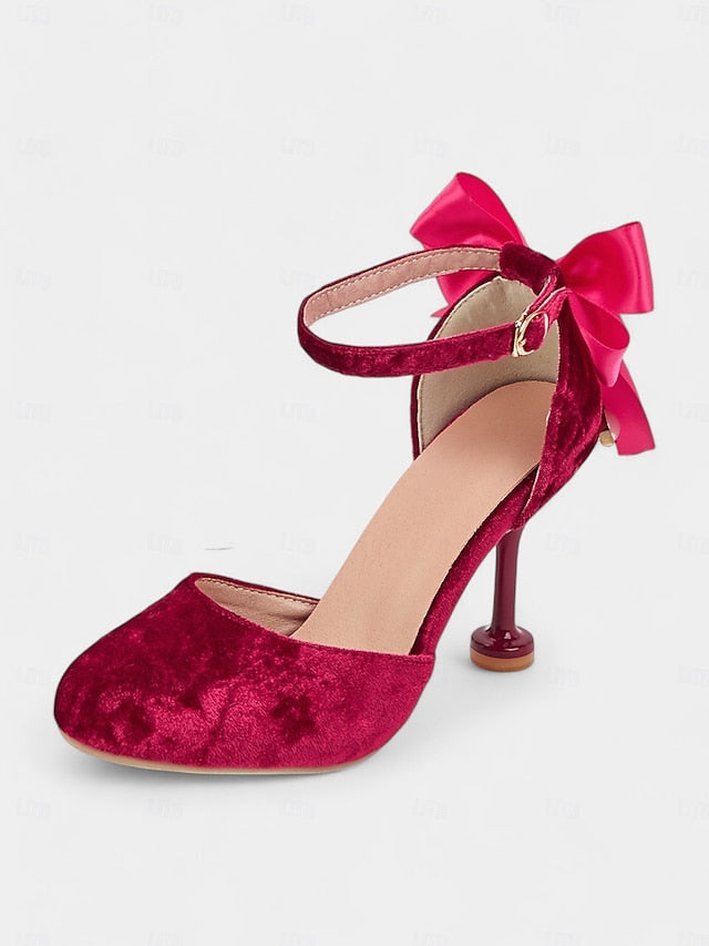 Jane Women's Mary Big Heels and Burgundy Bow with Velvet