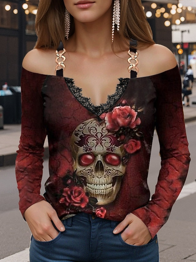 Women's Blouse Floral Skulls Print Graphic Skull Vintage