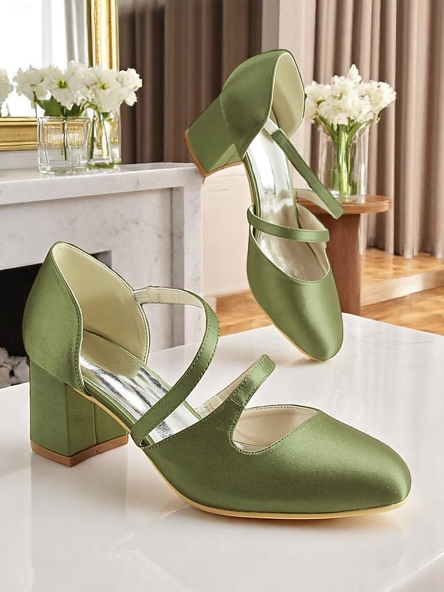 Jane 1950s Mary Elegant Green – Satin Block Heels Women's