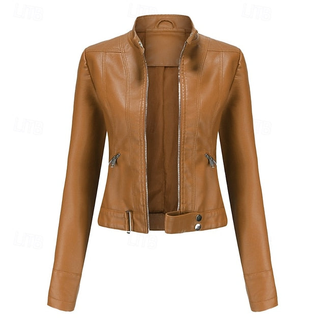 Jacket Pocket Leather Women's Zipper Faux Comfortable