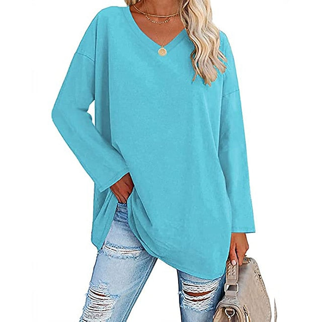 Women's T Shirt Plain Basic Long Sleeve V Neck Regular Tops