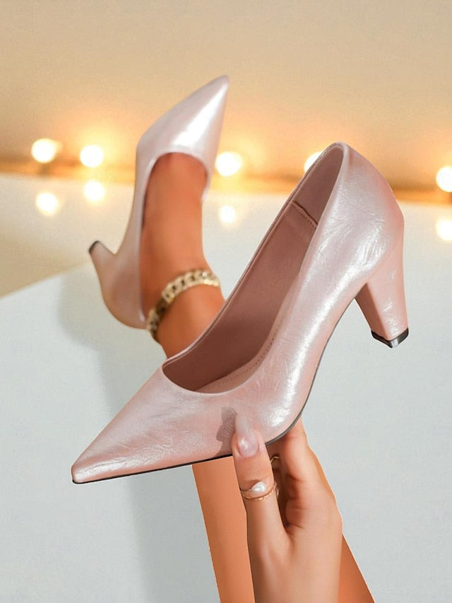 Toe Women's Pointed Nude Block Heel Pumps Party - Glossy