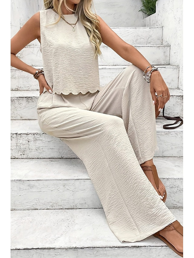 Women's Blouse Pants Sets Sleeveless Crew Neck Solid Color