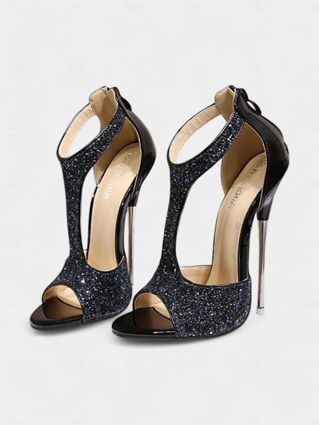 Stiletto Open Gold Heels and Toe for T-Strap with Design Glitter