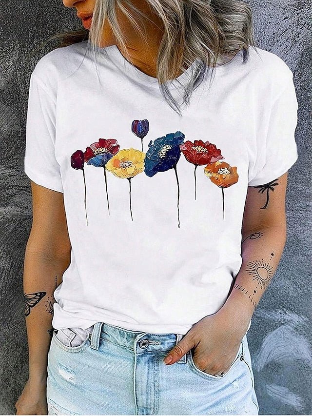 Women's T Shirt Print Floral Poppy Casual Short Sleeve Crew
