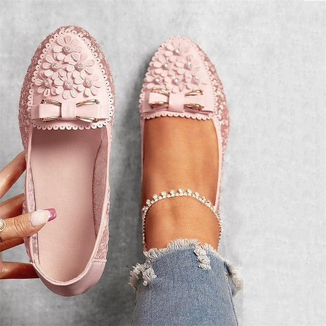 with Floral Women's Bow Flats Pink Details and Lace -