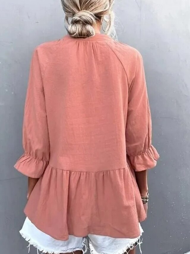 Women's Shirt Blouse Ruched Plain Casual Long Sleeve V Neck